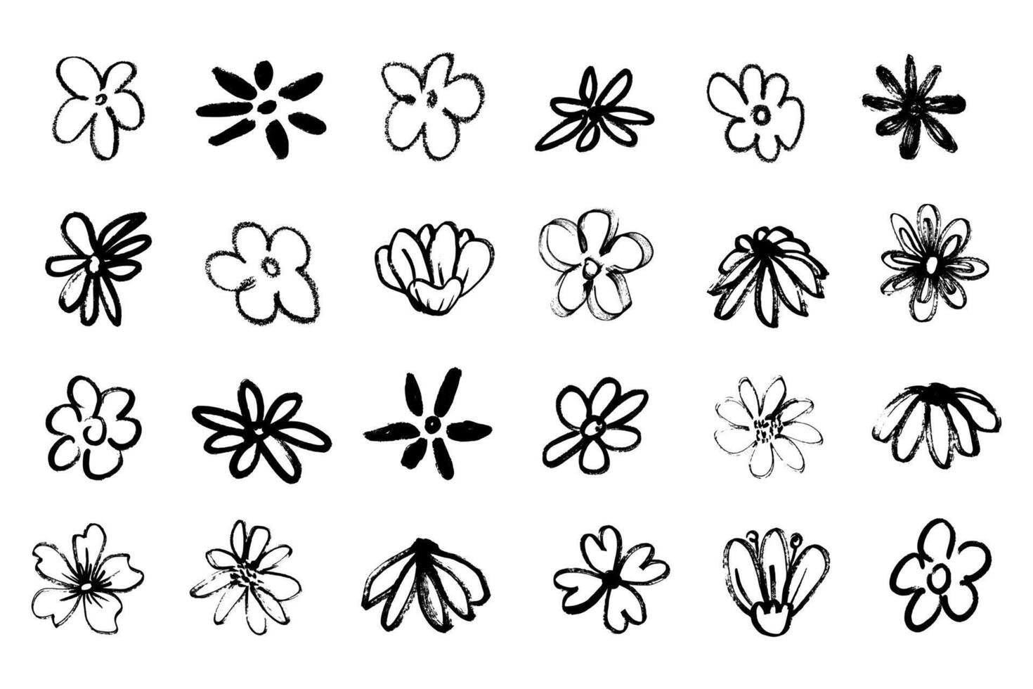 Grunge brush flowers. Scribble ink grunge chamomile flowers icons drawn with markers and crayons vector