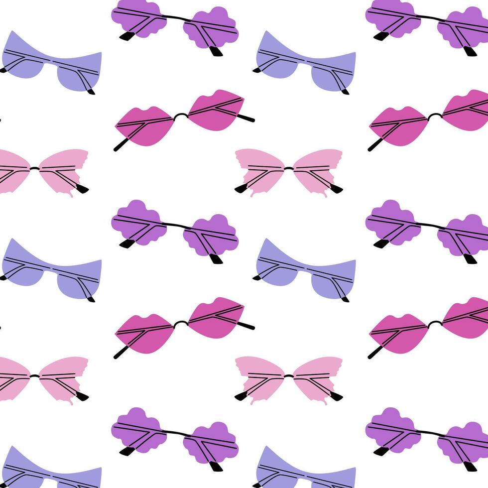 Pattern of various colorful sunglasses. Summer sunglasses, fashionable eyeglass frames. Various shapes and styles. Seamless pattern for fabric, textiles, background, wrapping paper, banner vector