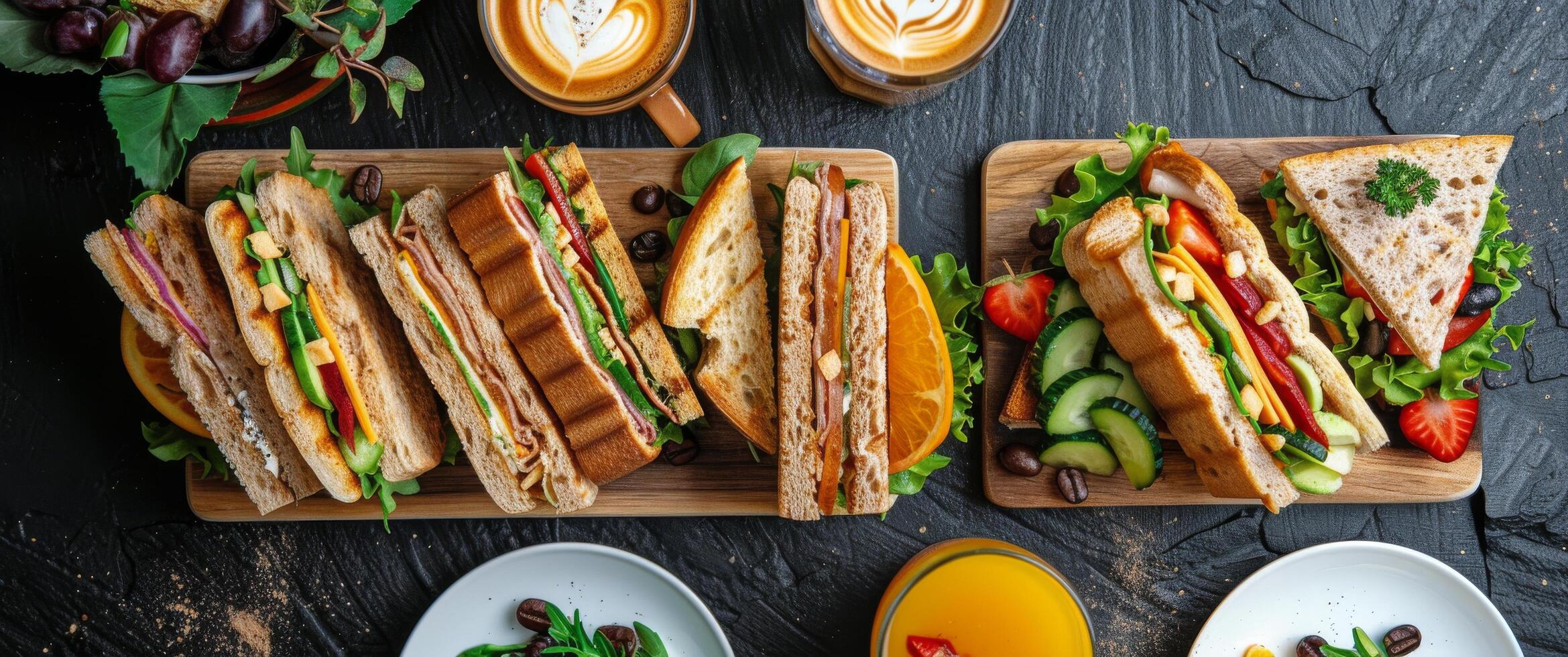 Table Set With Plates of Food and Drinks photo