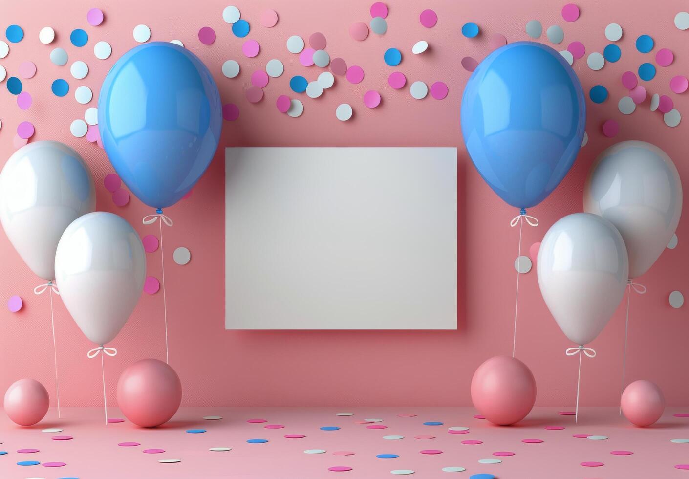 Pink and Blue Balloons Floating With Confetti in a Pink Room photo