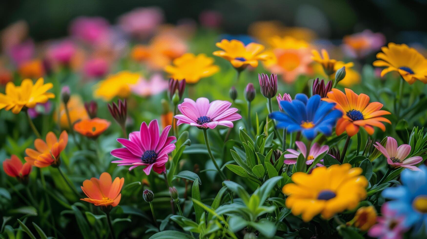 Colorful Flowers Field With Trees photo
