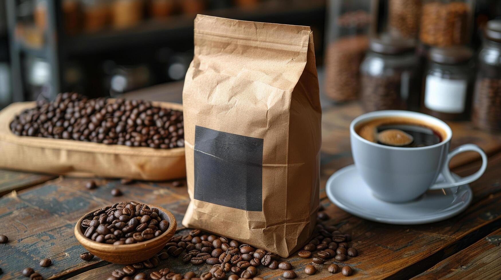 A Cup of Coffee and Bag of Coffee Beans photo