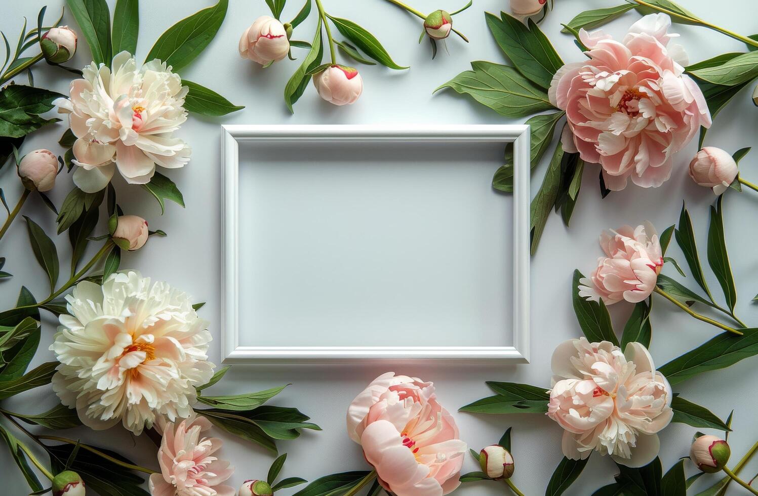 White Frame With Pink Flowers and Green Leaves photo