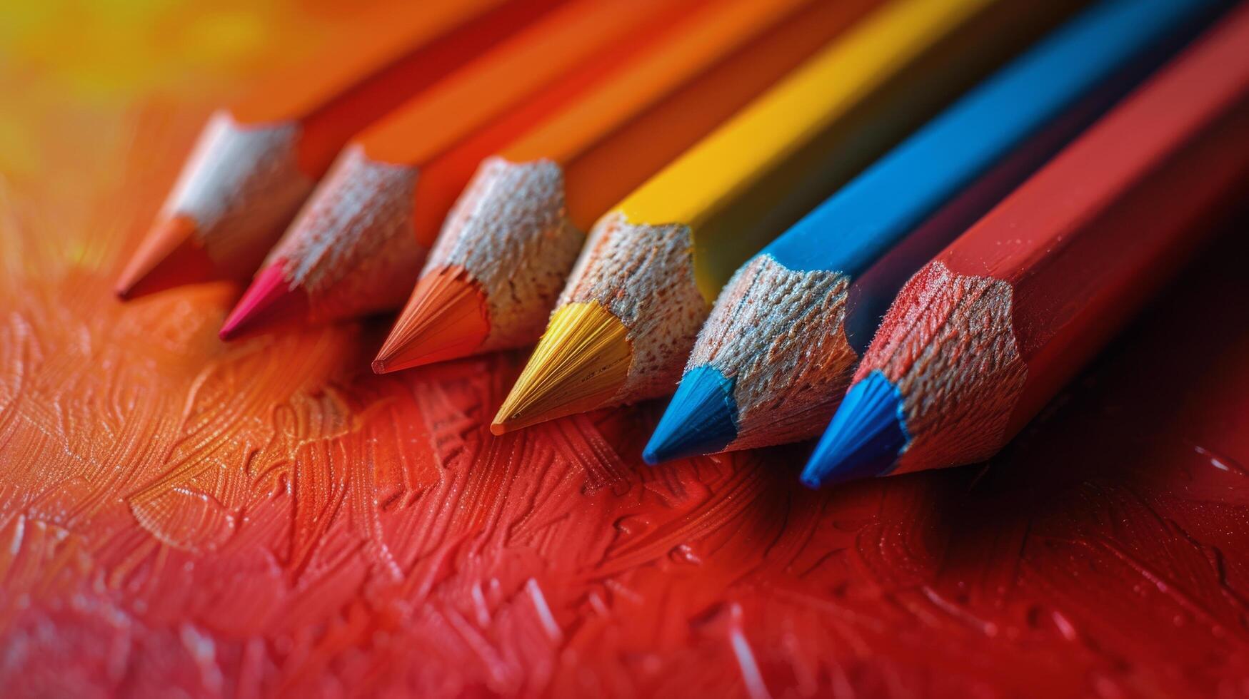 Row of Colored Pencils Against Red Wall photo