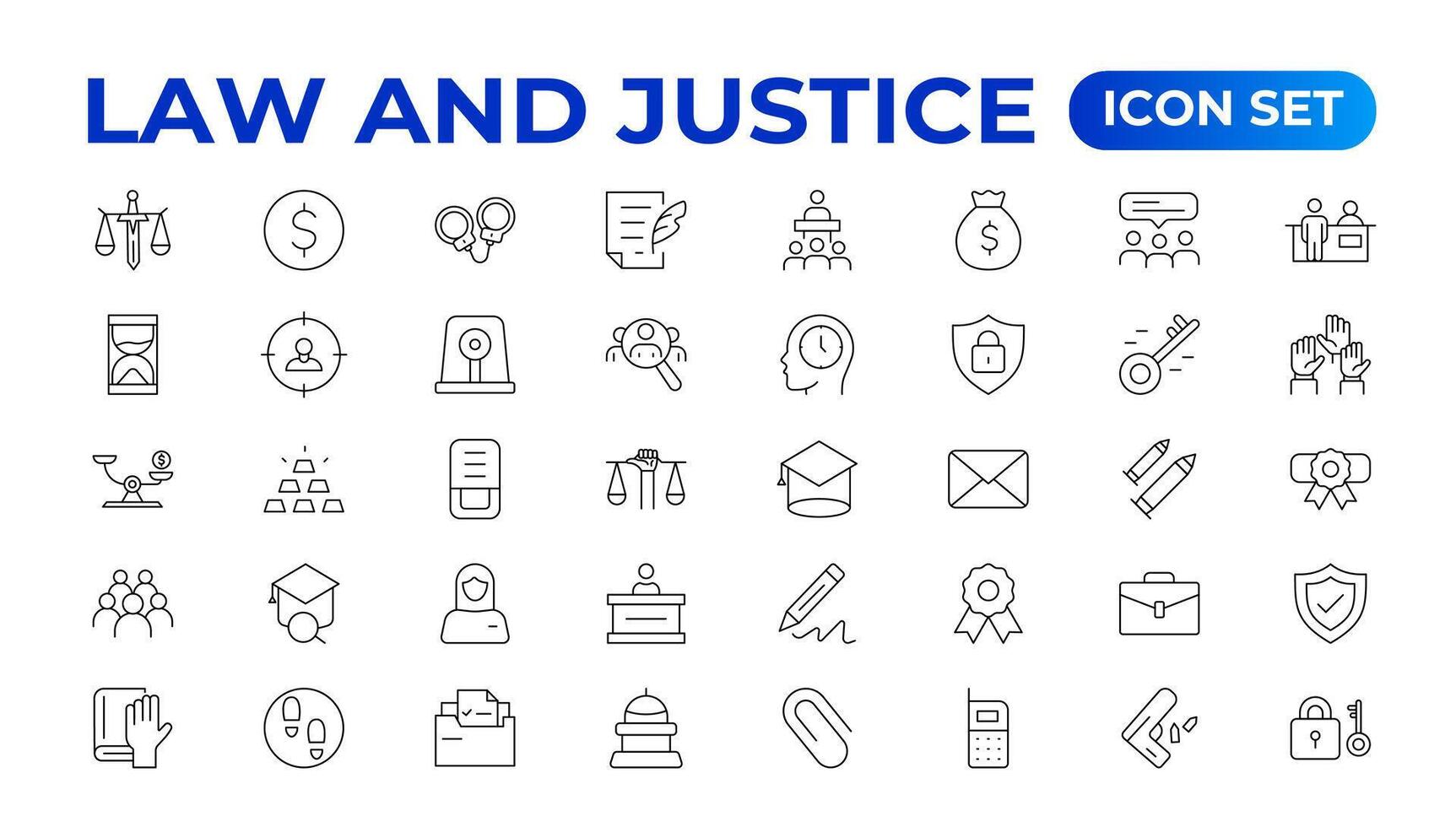 Law and Judgement line icons Illustration. Justice, Court of law and Government outline icon set. vector