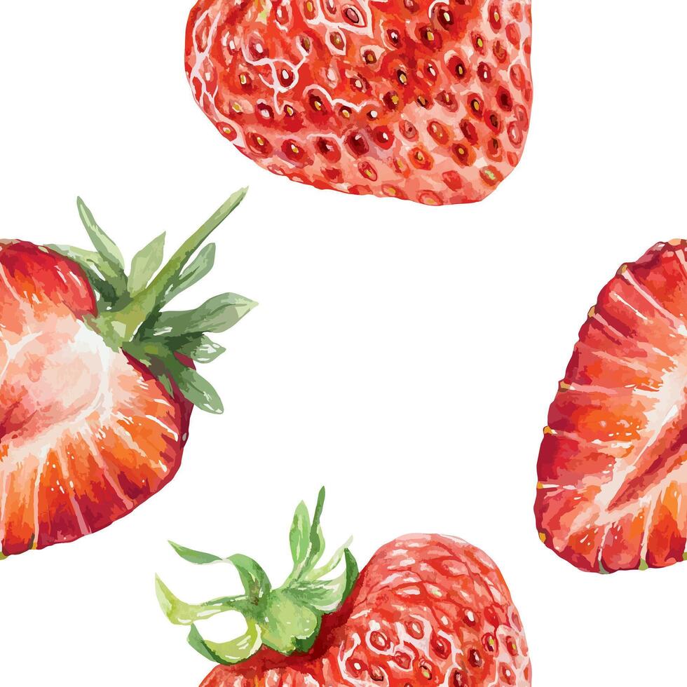 Strawberry seamless pattern, watercolor. Whole and half berries. Illustration. For packaging paper, fabric, wallpaper, textiles, covers, juice labels, jam, cosmetic products. vector