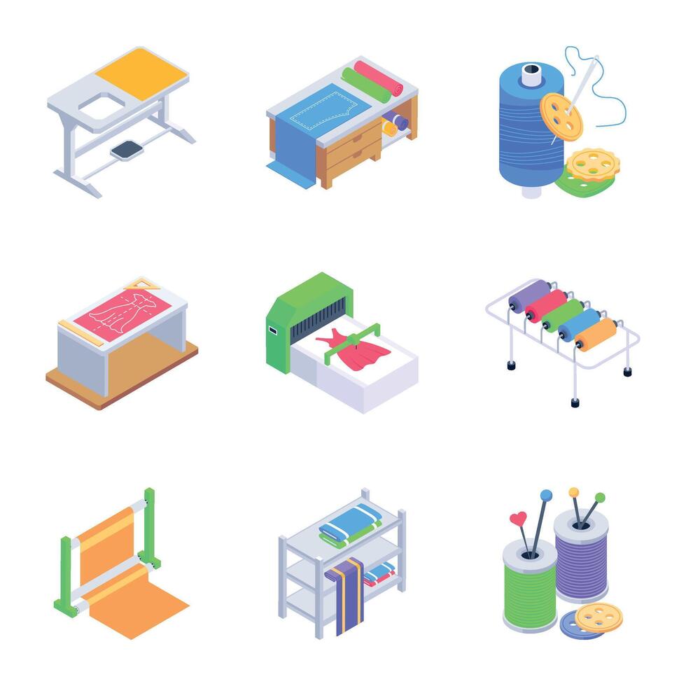 Sewing and Textile Machines Isometric Icons vector