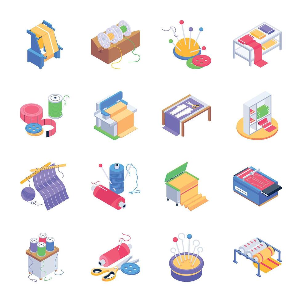 Sewing and Textile Tools Isometric Icons vector