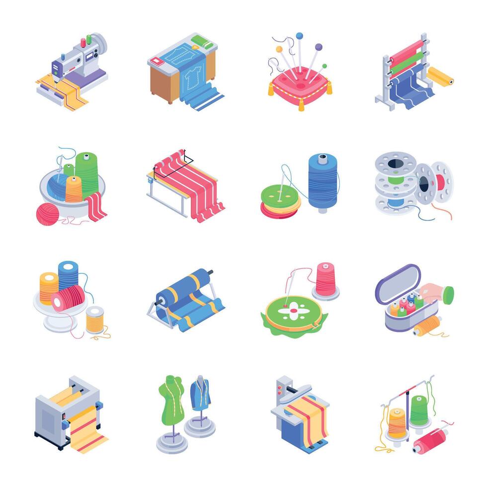 Sewing and Textile Accessories Isometric Icons vector