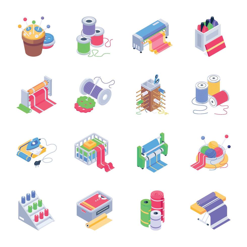 Sewing and Textile Machines Isometric Icons vector