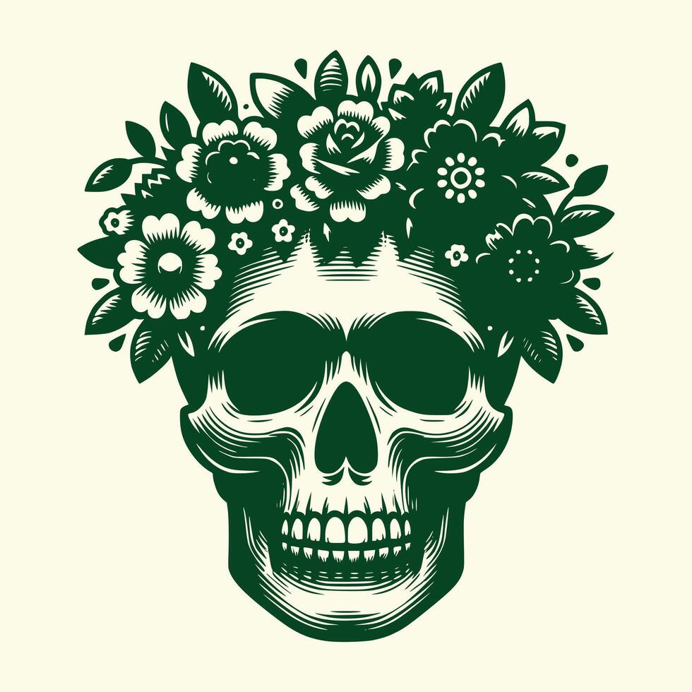 skull wearing a delicate garland of vibrant flowers vector