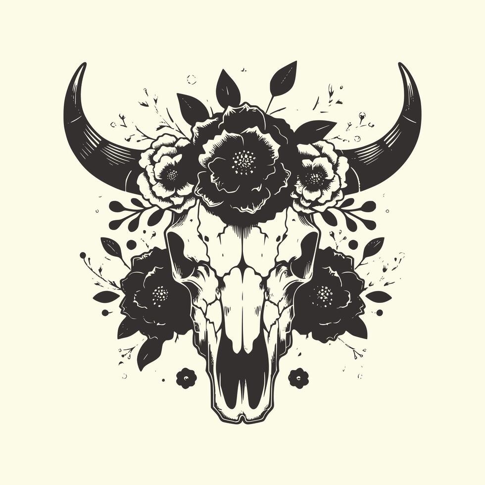 boho style cow skull with flowers vector
