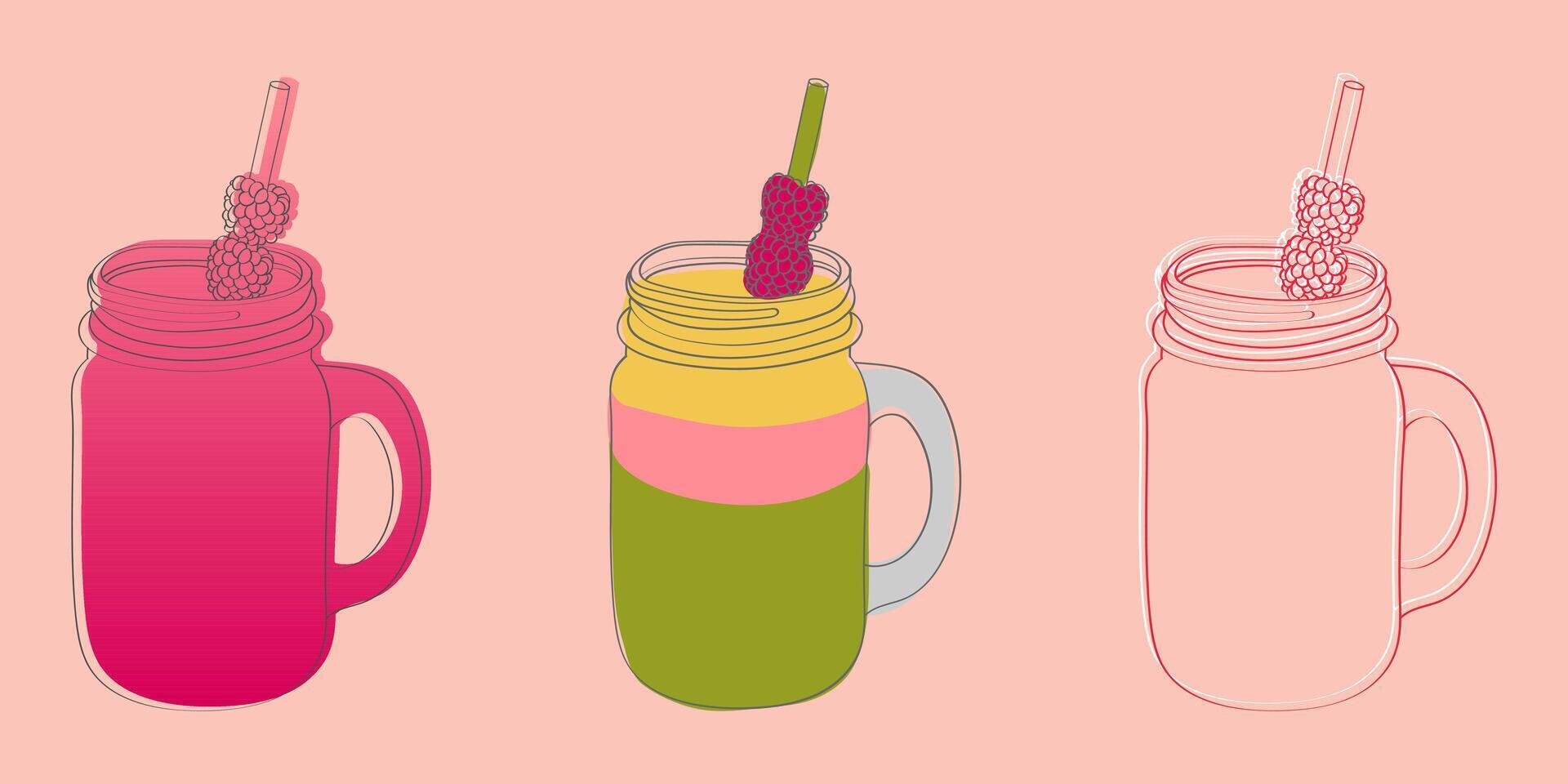 A digital illustration of three mason jar smoothies with raspberry garnishes and straws. vector