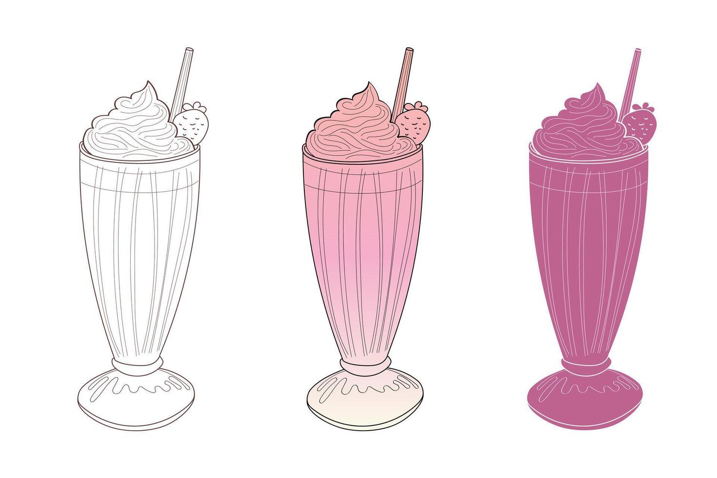 A digital illustration of three strawberry milkshakes. One is in black and white, one is in shades of pink and white, and one is in a deeper shade of pink. All have a straw and strawberry garnish. vector