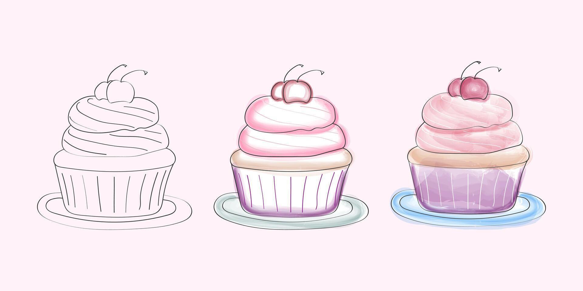 This image shows the stages of drawing a cherry cupcake. The first image is a simple line drawing, second and final adds color and detail with shading and highlights vector