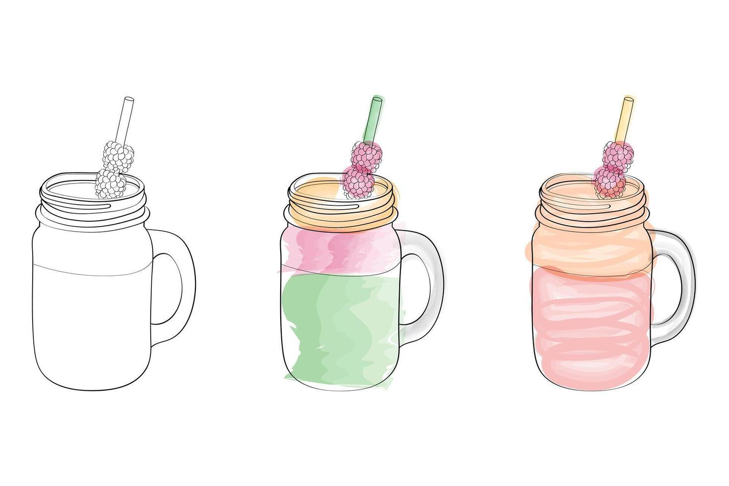 A set of three illustrations featuring hand-drawn mason jars filled with smoothies. One jar is outlined, while the other two feature colorful watercolor fills. vector