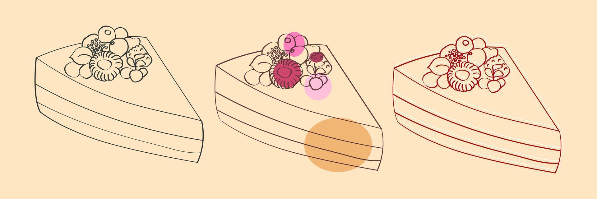 Three line drawings of a slice of cake with fruit. The cake is layered and the fruit is in the shape of a circle. vector