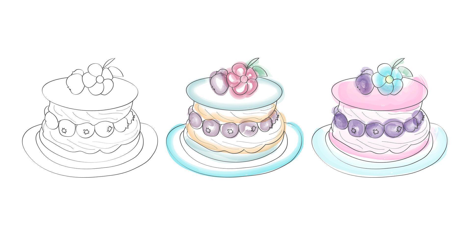 A digital illustration of three cakes, one in black and white and two with watercolor-like color, decorated with blueberries and flowers. vector
