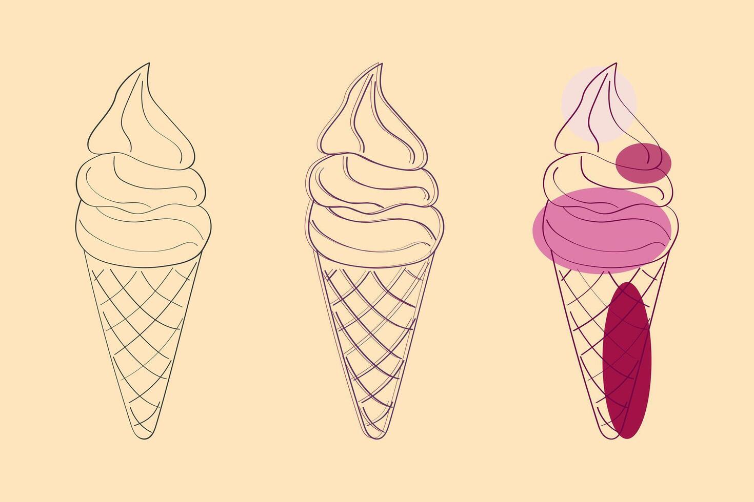 This image depicts a simple line drawing of three ice cream cones. The cones are drawn in black and white, with the addition of pink and purple colors to the rightmost cone vector