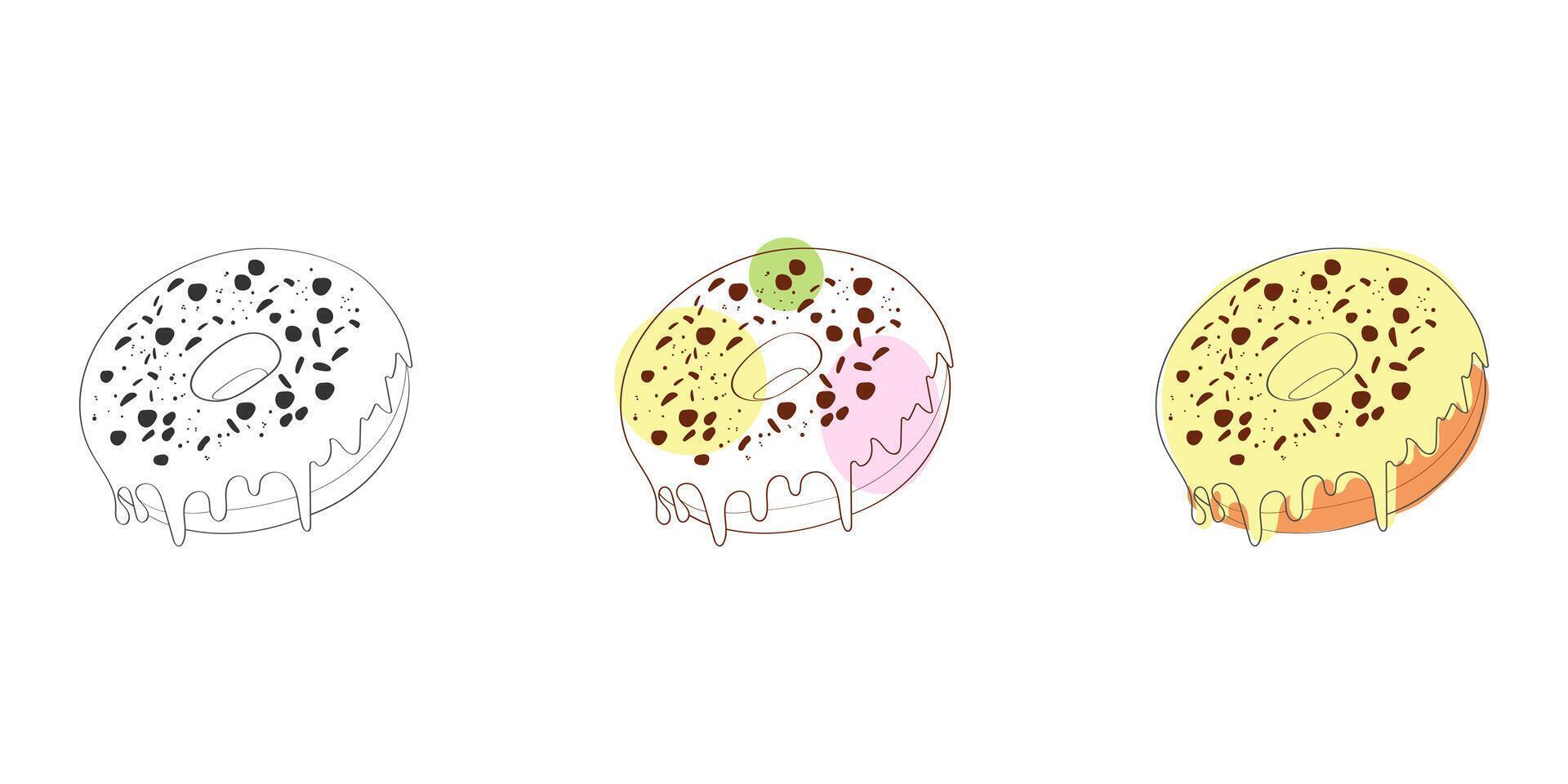 An illustration of three donuts, with one in black and white, another with a yellow, green, and pink glaze, and the last with a yellow glaze and an orange base vector
