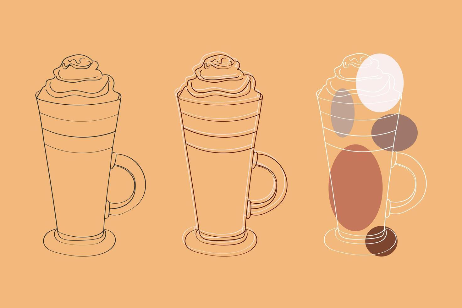 This image is a line art illustration of three iced coffees with whipped cream on top. The coffee cups are drawn in a simple, minimalist style and are set against a light brown background. vector