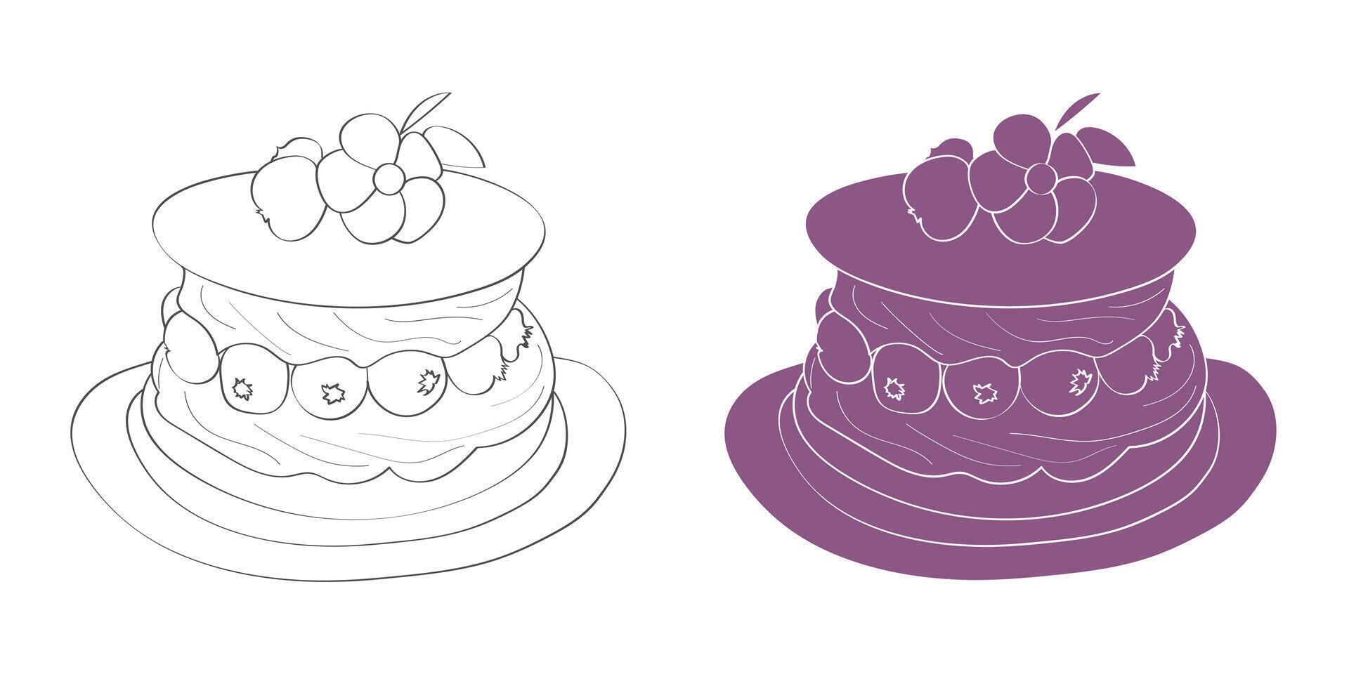 This image depicts a line drawing of a multi-layered cake with berries and a flower on top. There are two versions of the image, one in black and white and one in purple. vector