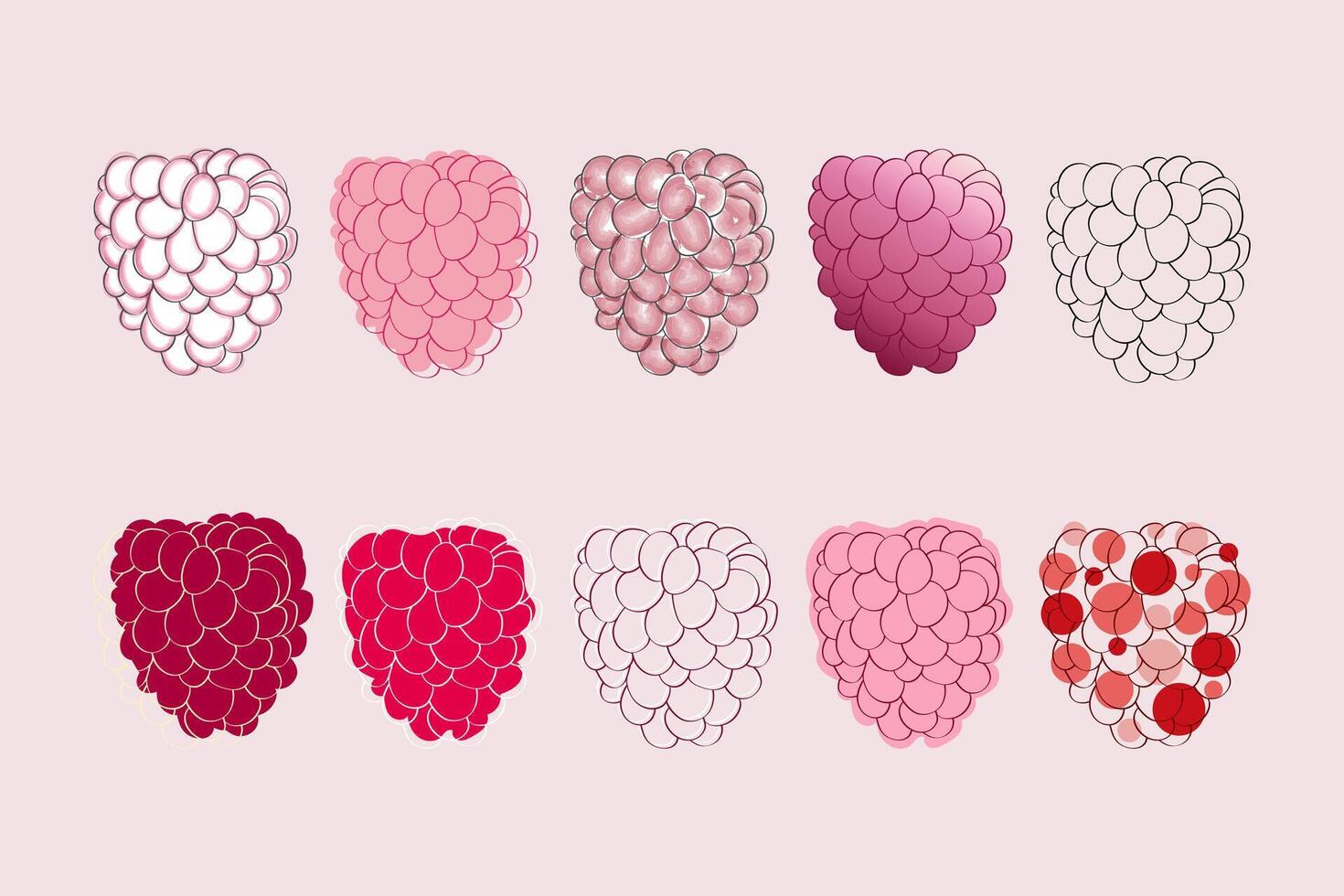 A collection of digital illustrations depicting different variations of raspberries, showcasing a range of colors and styles. vector