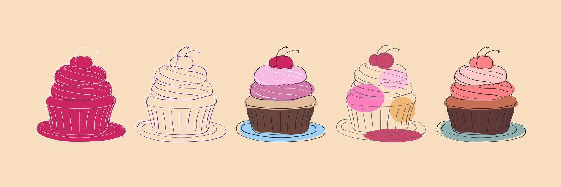 An illustration depicting five cupcakes arranged in a row. Each cupcake has a cherry on top and is sitting on a plate. The cupcakes are all different colors and designs. vector