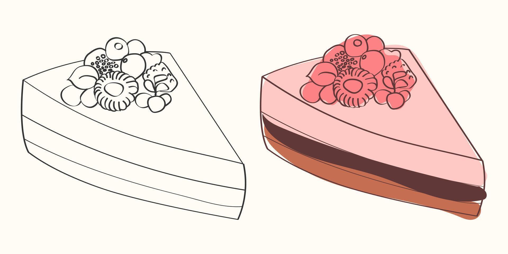 A line drawing and colored version of a slice of cake with berries on top. vector