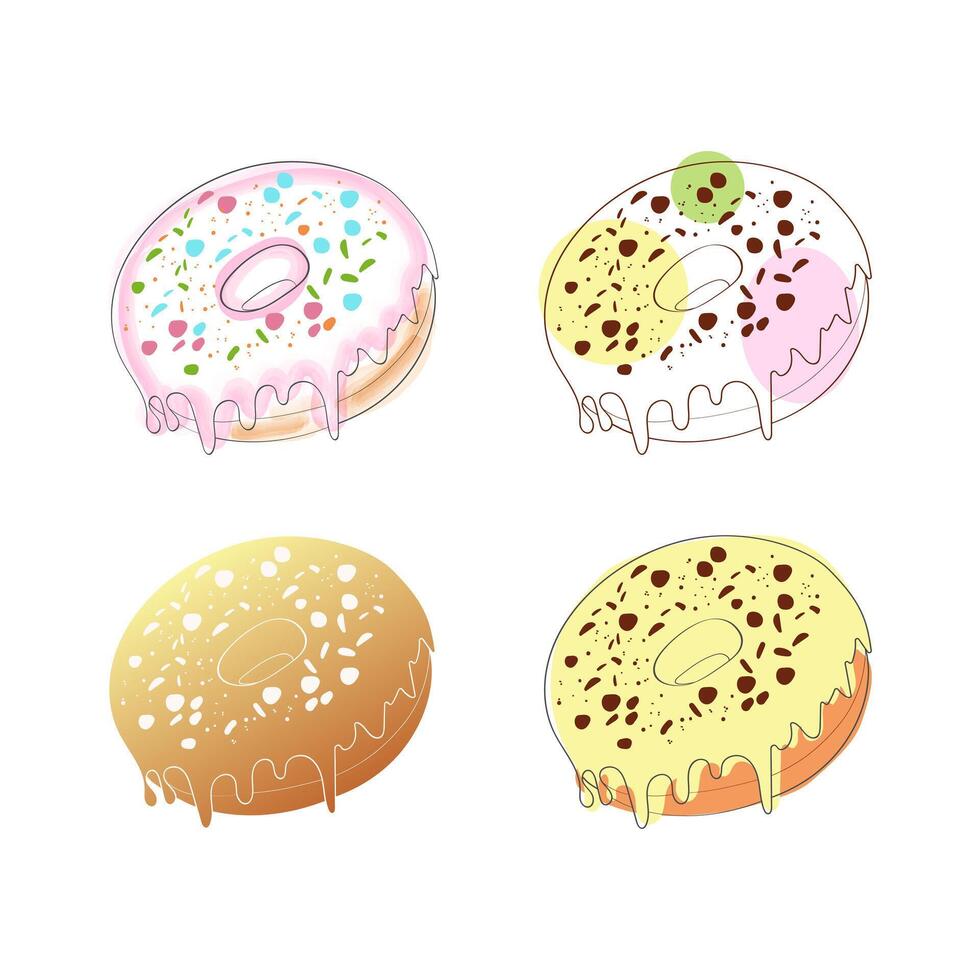 A digital illustration showcasing four glazed doughnuts with various toppings. Each donut is presented individually against a white background. The donuts have a variety of toppings vector