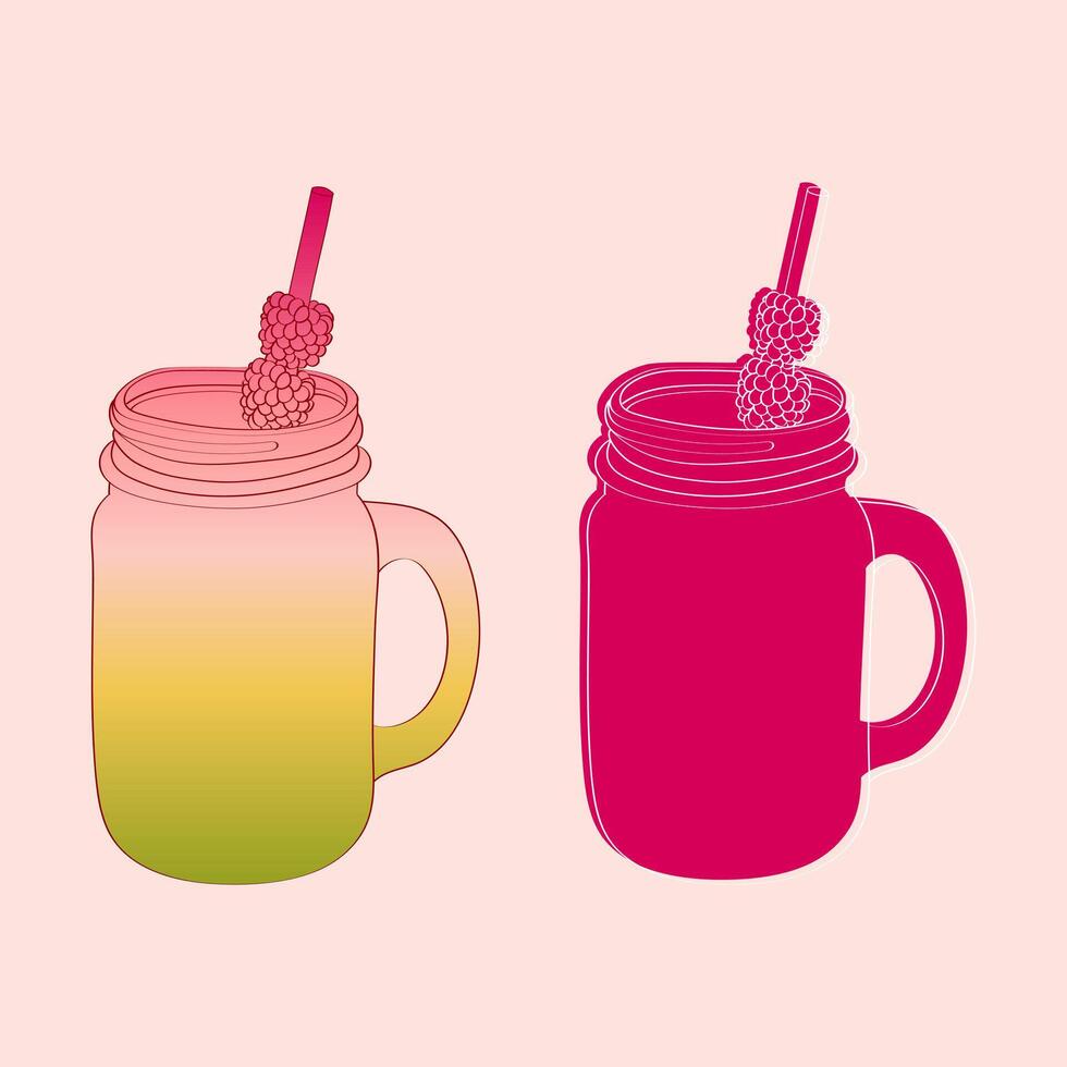 Illustration of two mason jars with raspberry smoothies and straws. The jars are outlined in black and filled with gradient colors. vector
