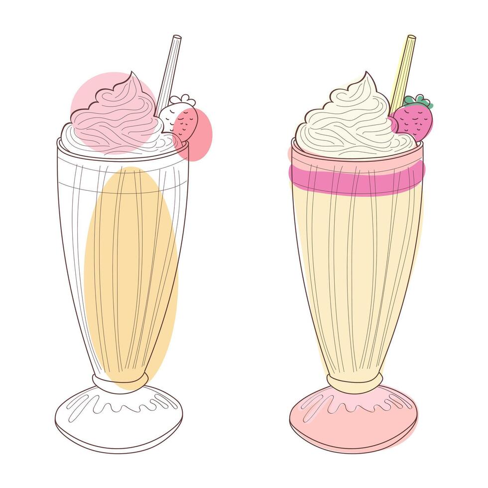 A line drawing illustration of two milkshakes, each with a strawberry on top and whipped cream. vector
