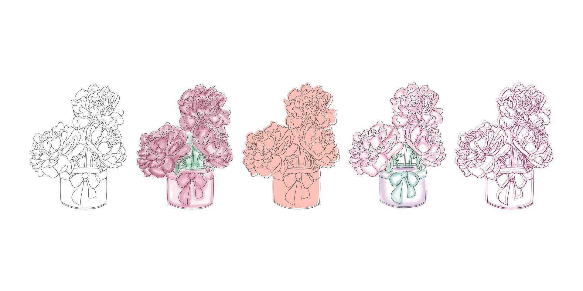 Five illustrations depicting a set of pink flowers arranged in vases with ribbons. vector