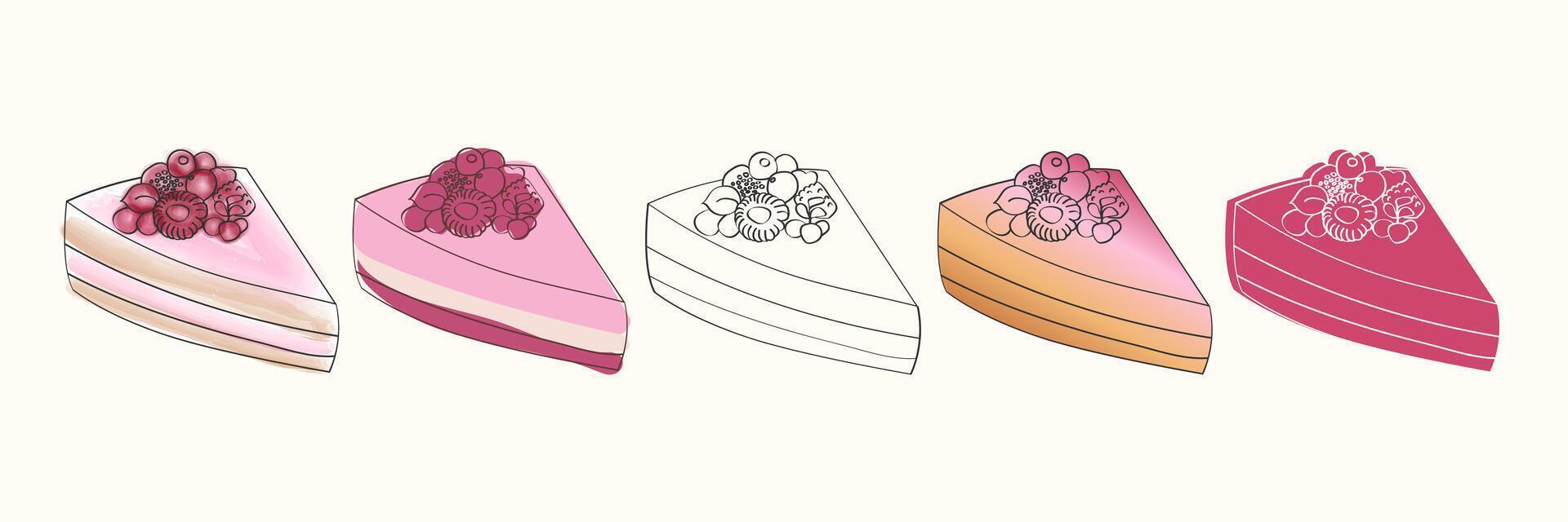 A digital illustration of five cake slices with berries. Each slice has a different color, but all have the same design and topping. vector