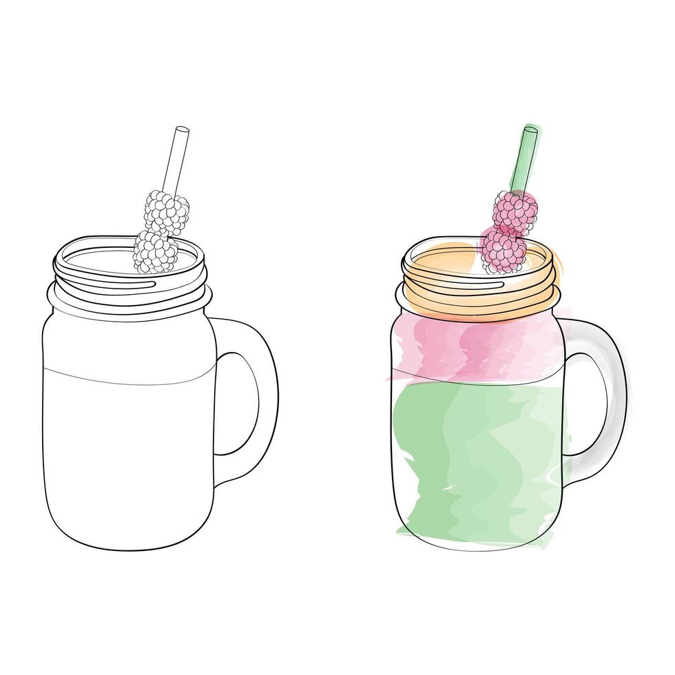 A simple illustration depicting a mason jar smoothie with a straw and raspberries on top. The image is presented in both line art and watercolor styles. vector