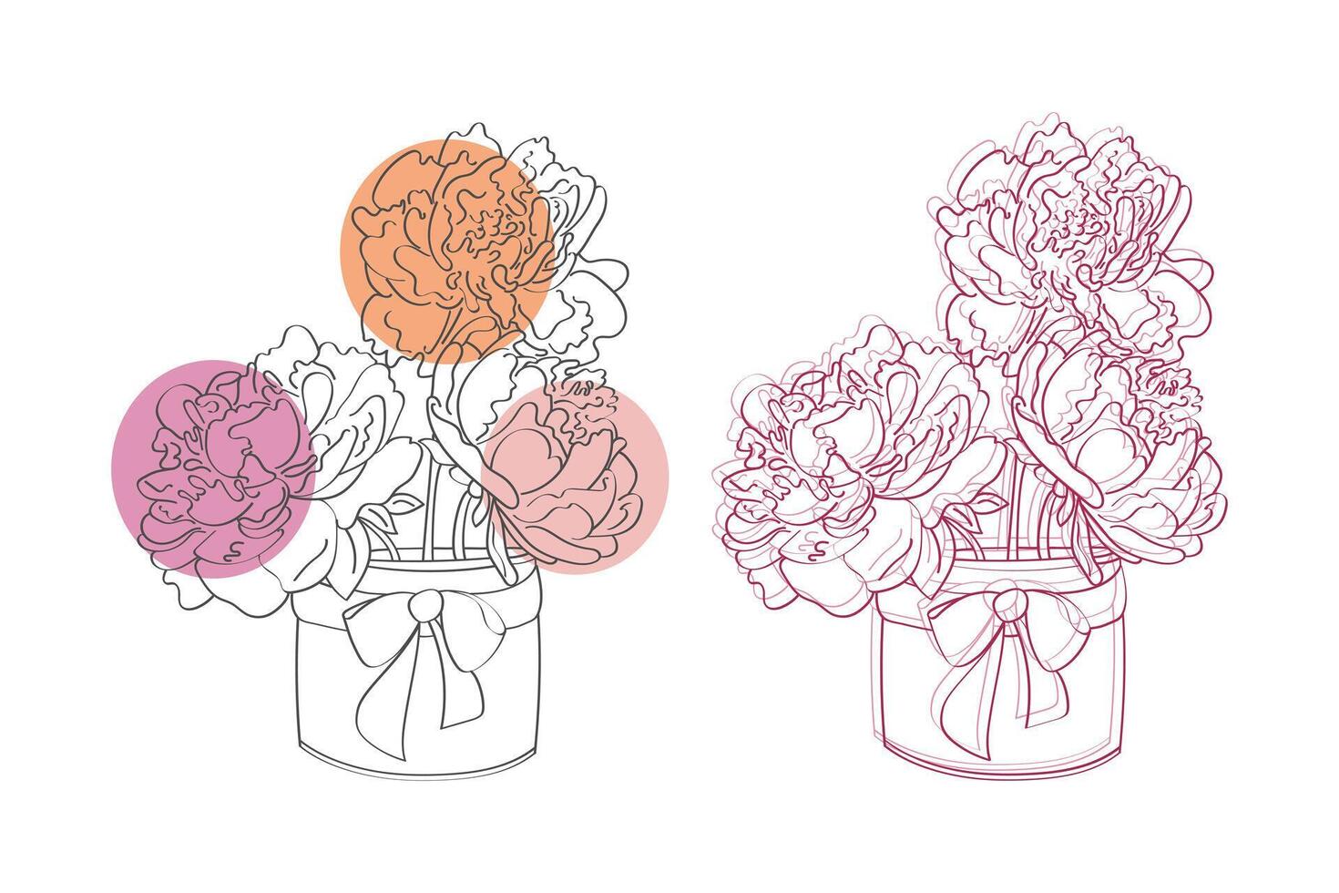 A line art illustration of two bouquets of peonies in vases with bows. One bouquet is in black and white with pink and orange circles behind it. The other bouquet is in pink vector
