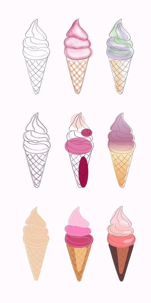 A set of nine hand-drawn ice cream cones in various colors and flavors, including vanilla, chocolate, strawberry, and mint vector