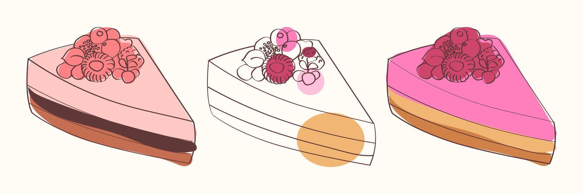 An illustration of three slices of raspberry cake, each with a different design. vector