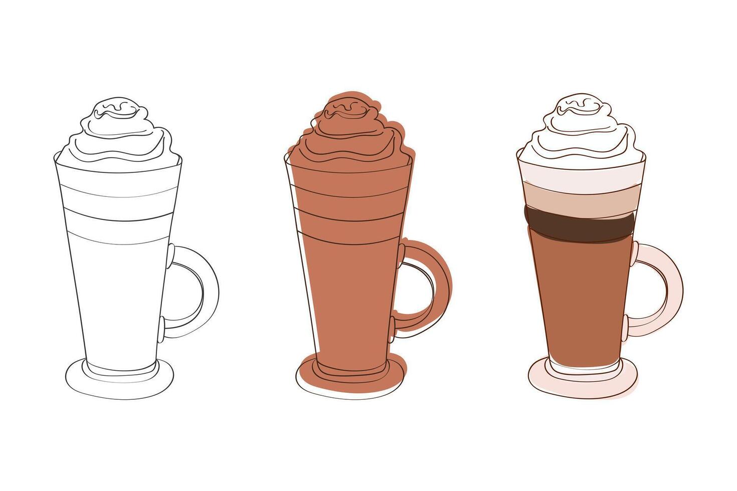 This line art illustration depicts three different iced coffee beverages. The drinks are in tall glasses with handles and topped with whipped cream vector
