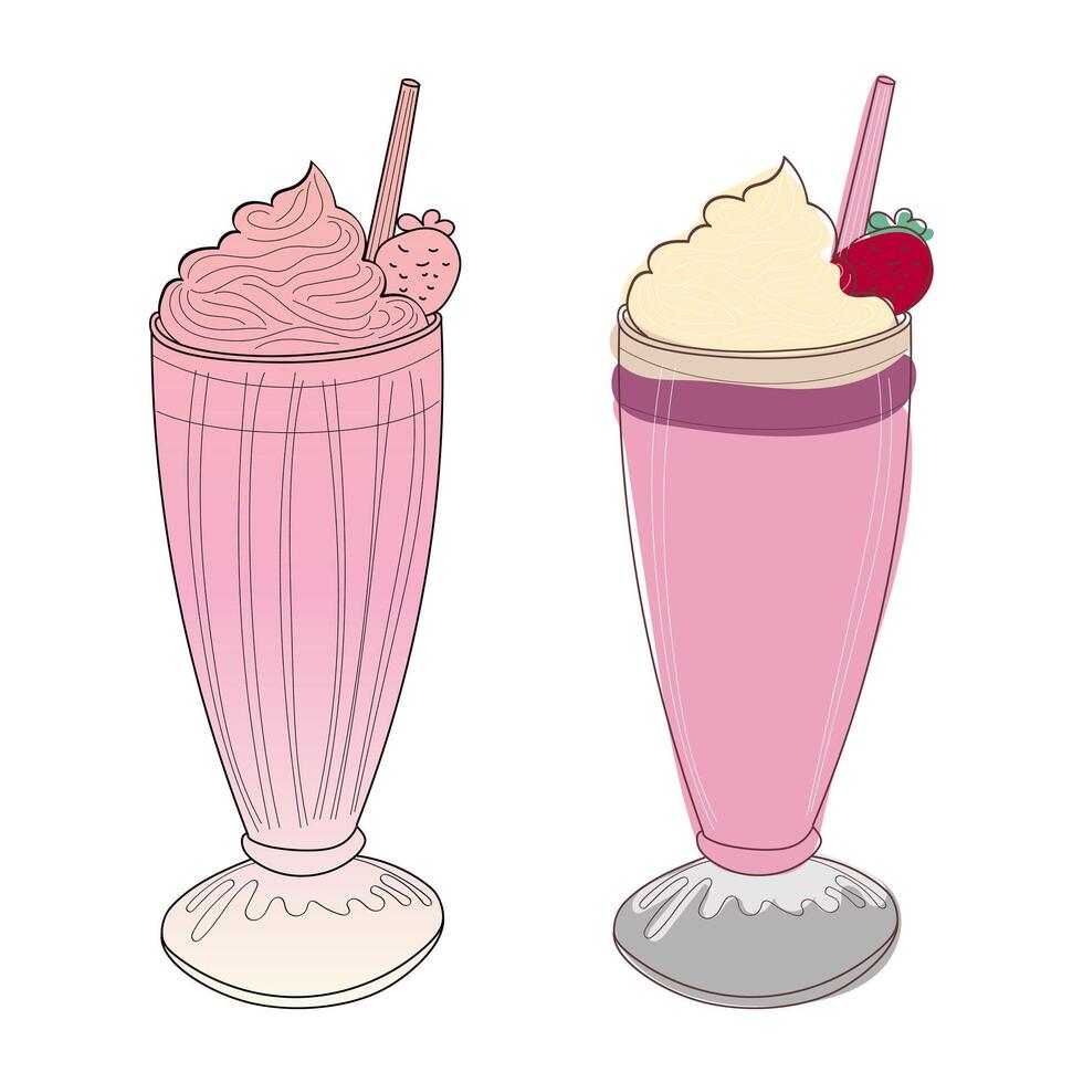 A digital illustration of two strawberry milkshakes with whipped cream and a straw, set against a white background. vector