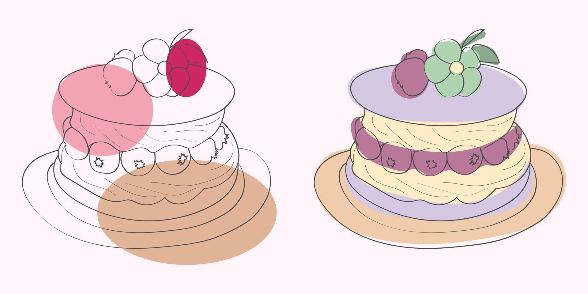 Line art illustration of two cakes topped with berries and flowers. vector