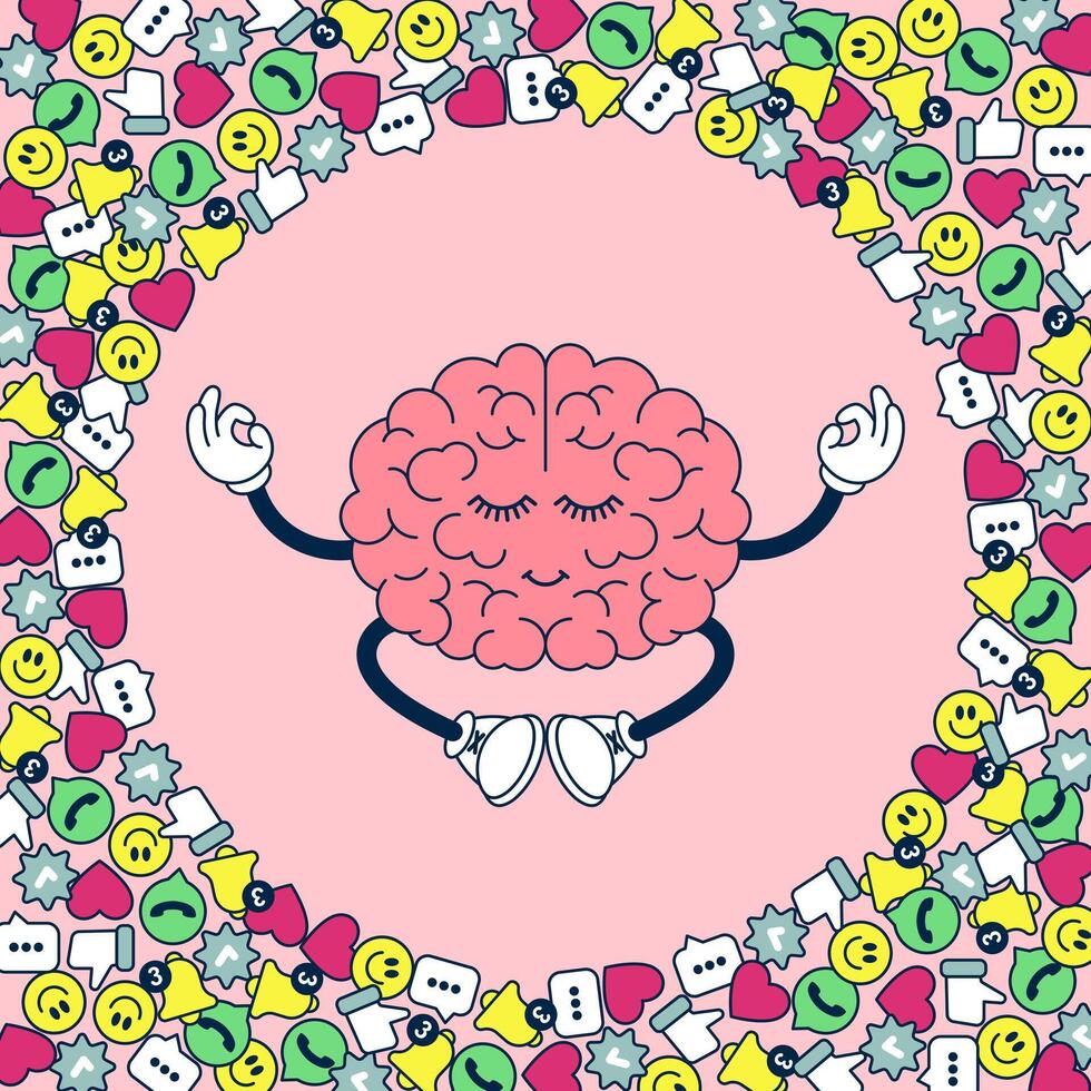 Illustration of Digital Detox Concept. Healthy, Happy, Relaxed Brain Meditating vector