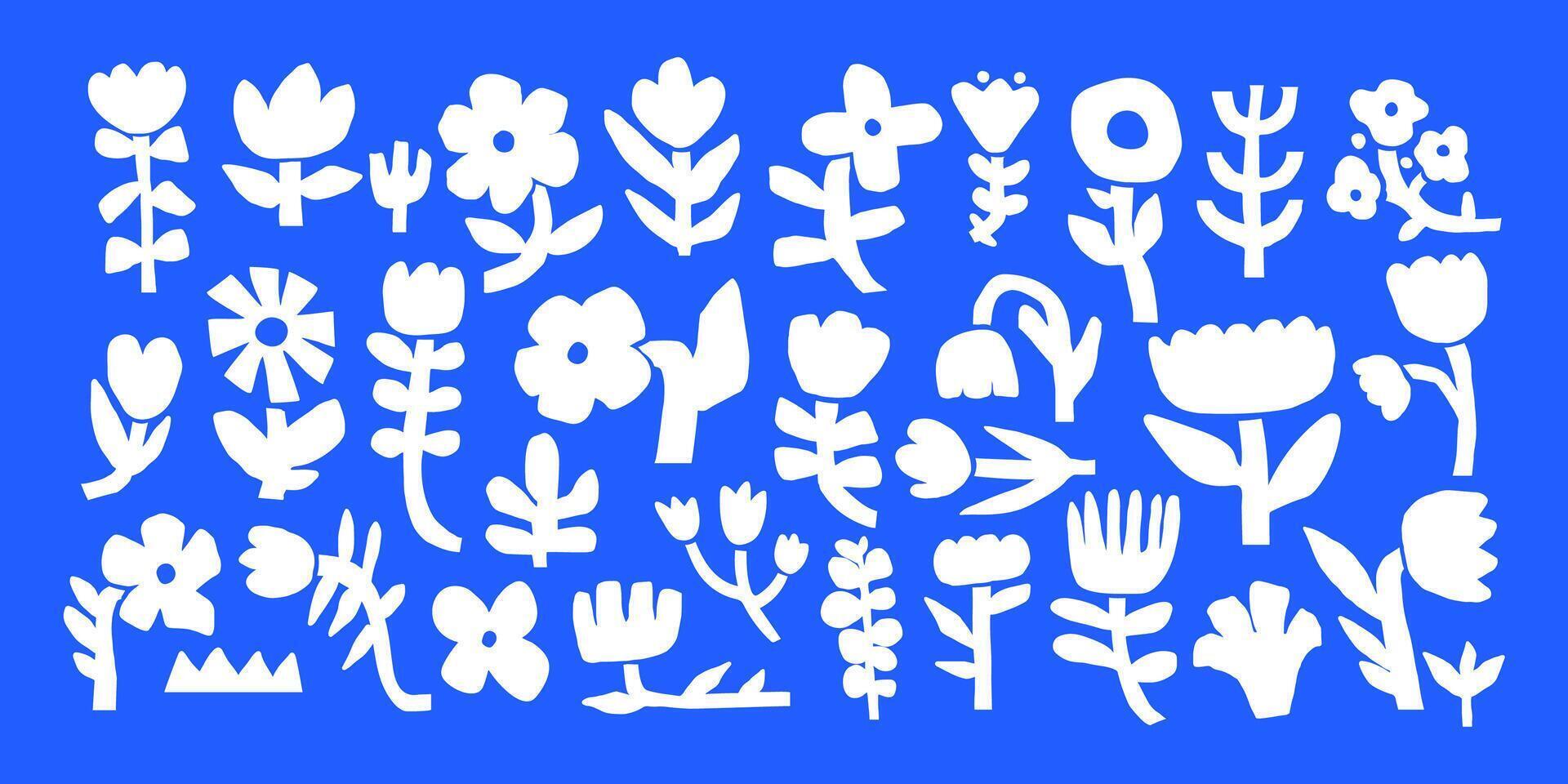 Doodle floral silhouette. Abstract cutout flower and plant. Monochrome naive infantile shape. Hand drawn nature flowers, daisy and tulips. Ornament kids elements set vector