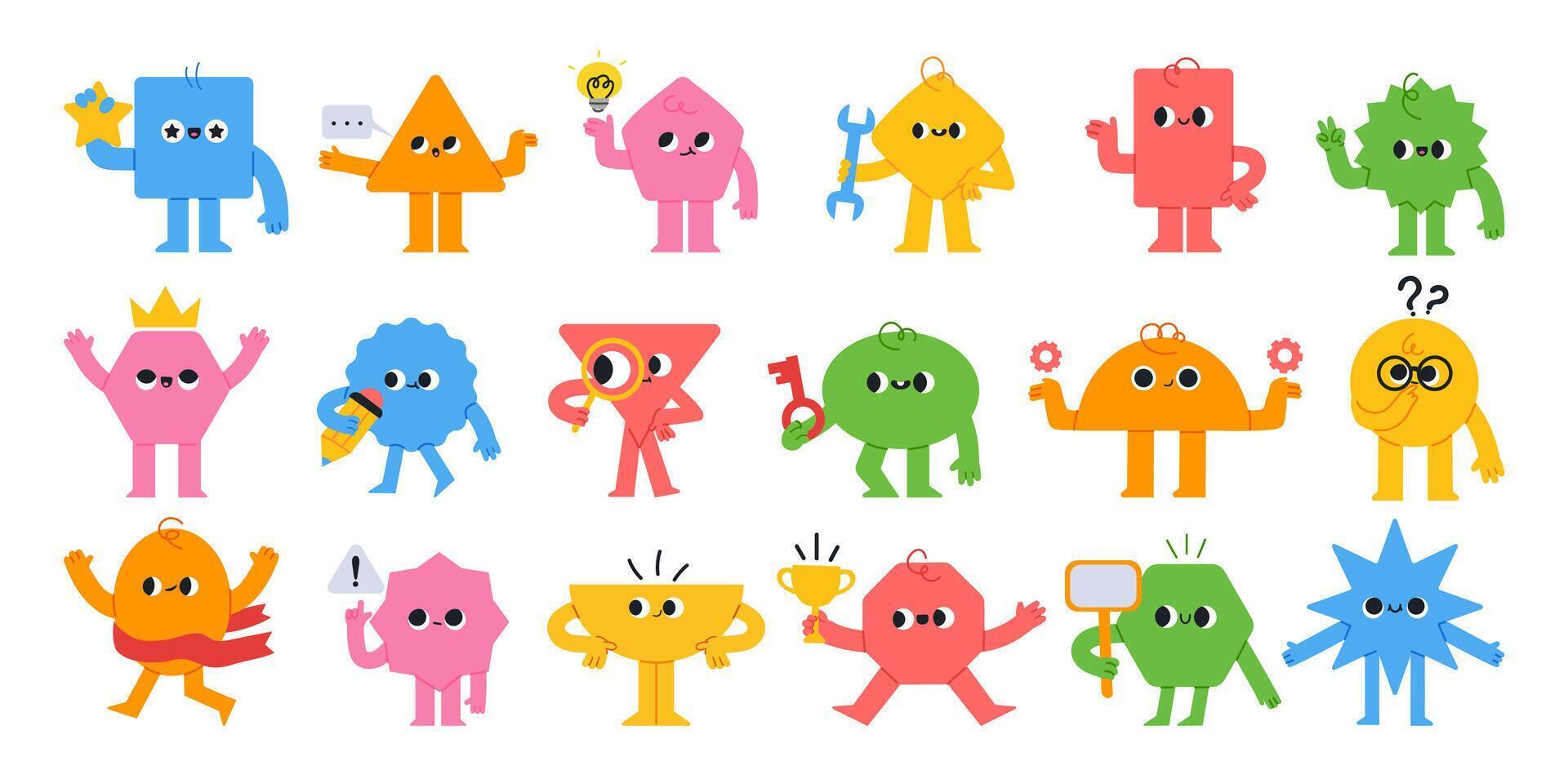 Geometric characters. Cartoon abstract mascot figures with faces and different poses. Emotion avatar. Funny math for kids, comic shapes. Business team. set vector