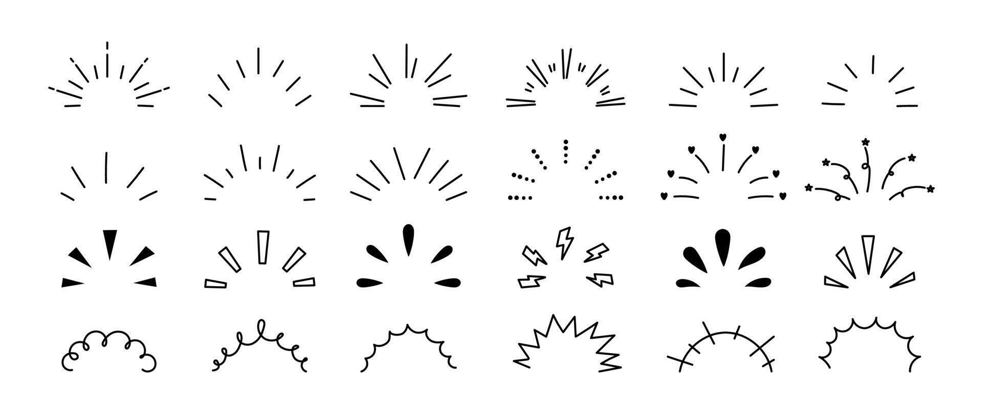 Doodle rays and sparkles. Sunlight sparks, explosion. Hand drawn line confetti, surprise elements, shining curves frames. Celebration ornaments decor signs vector