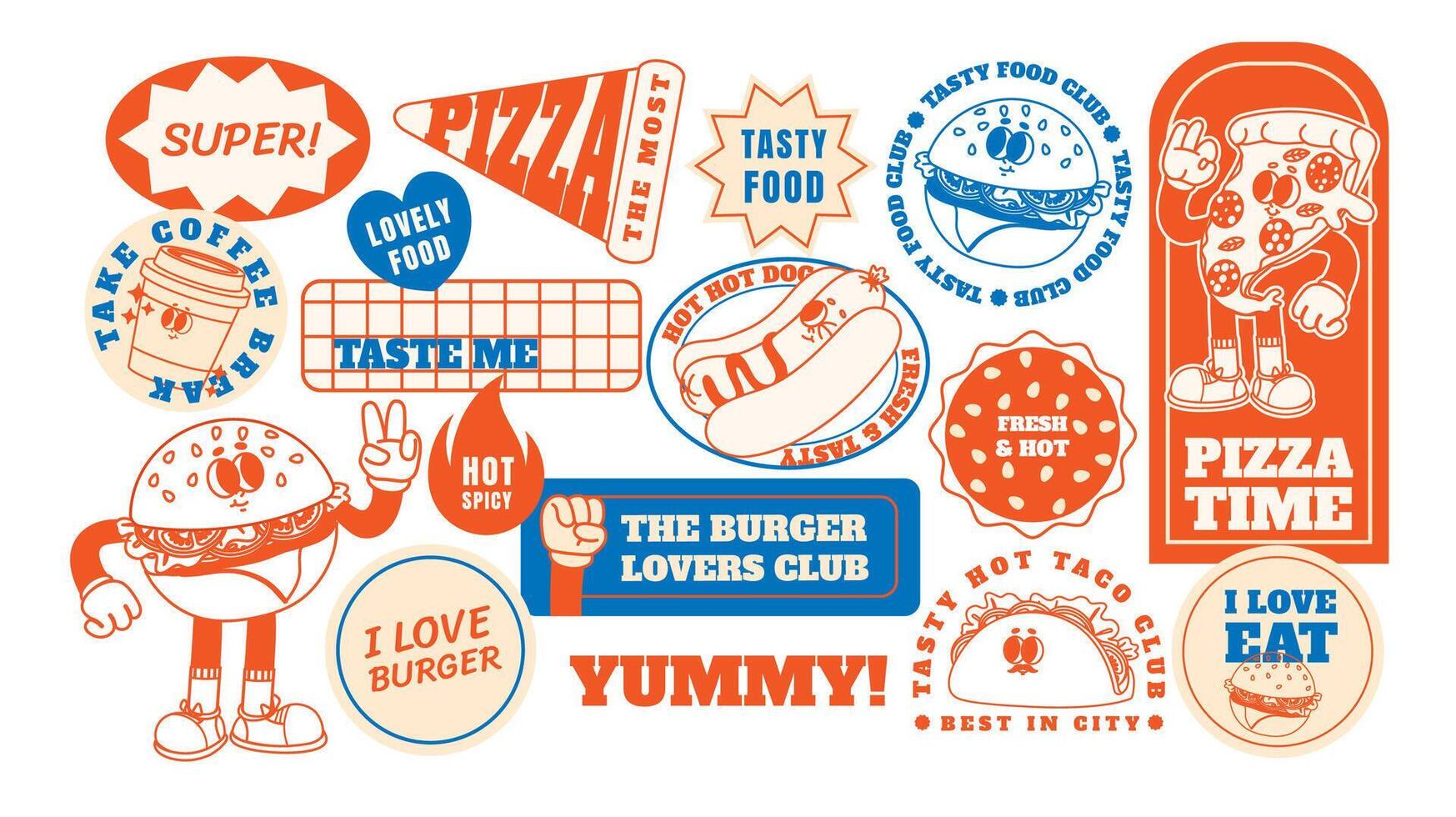 Retro fast food stickers. Cartoon junk food character patches. Funny cafe meals mascot. Vintage style 60s - 70s badges with burger, pizza, hot dog. Groovy elements vector