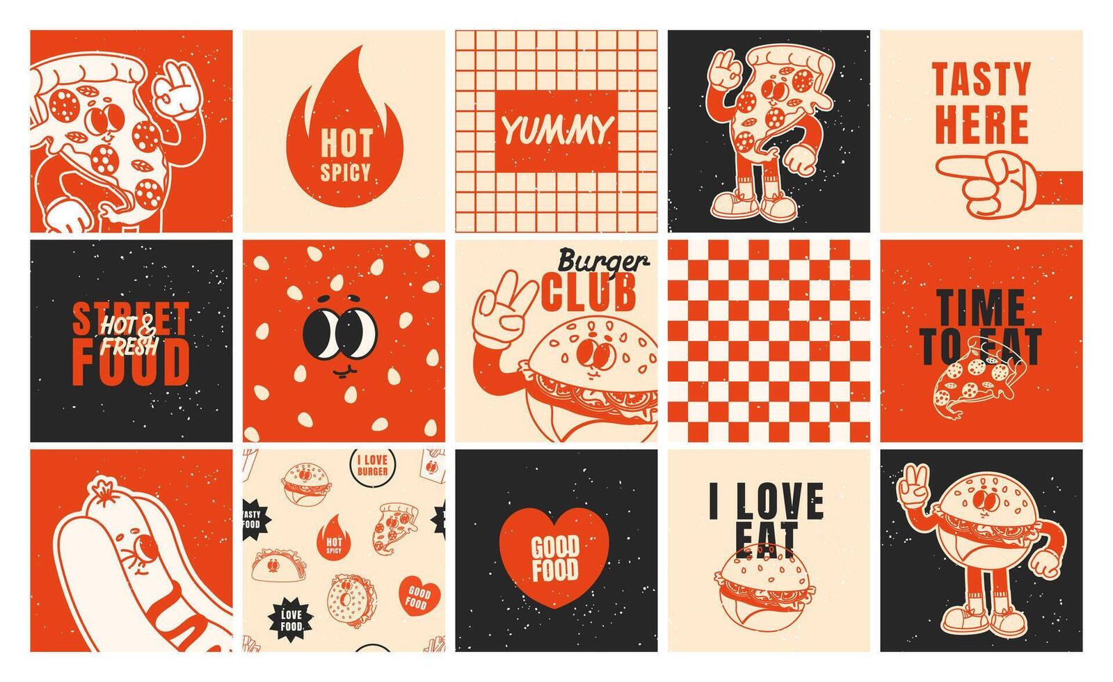 Fast food posters. Retro 70s cards, stickers with burger, hot dog, pizza. Funky branding patches. Slogan, quote, groovy food characters. Trendy cafe bar templates vector