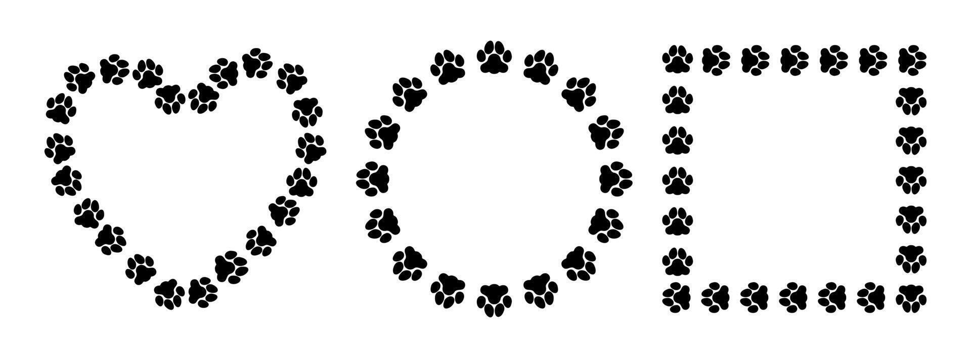 Cat, dog footprint frame. Pets paws border. Black cute animals round, heart and square shape frames. Template banners with silhouette footprints trail and paw path. set vector