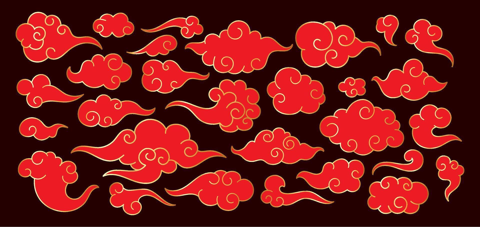 Oriental red clouds. Chinese curling cloudy elements. Traditional Asian festive decorative ornaments, gold linear cloud shape, wind and sky doodle holiday. set vector