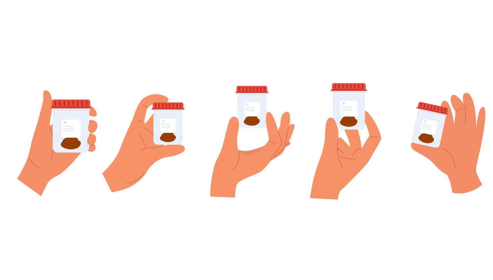 Set of illustrations with stool analysis. Hands hold container with poop sample. Medical check up vector